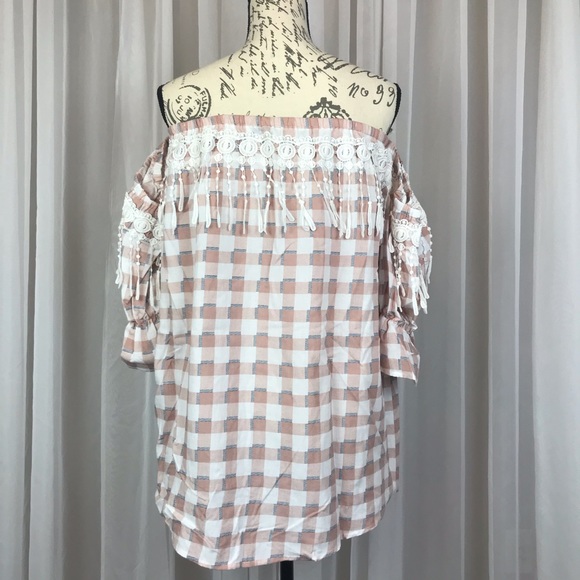 NWT Gingham Off Shoulder Boho Blouse Sz M - Picture 2 of 6